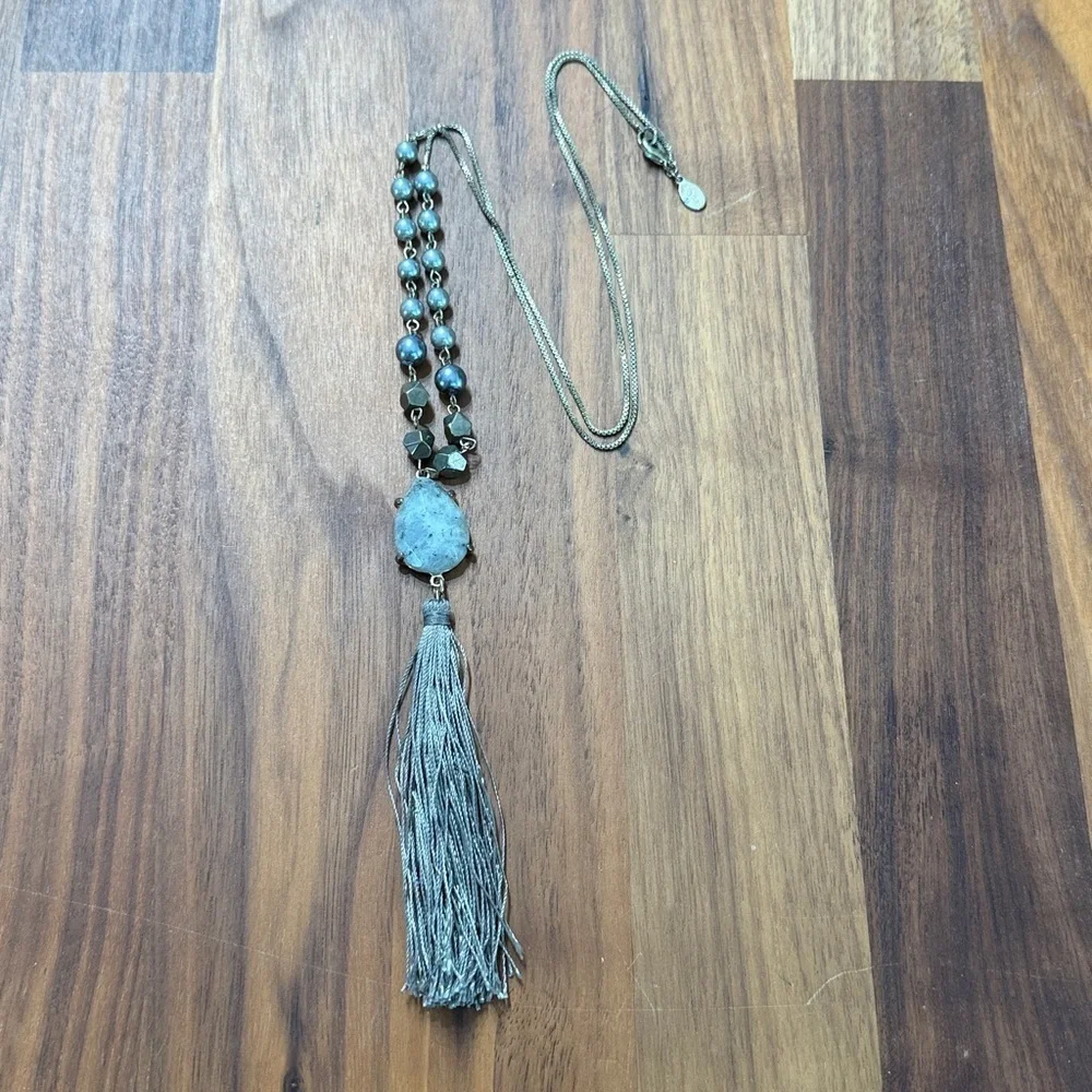 Loft Gold Tone Gray Smoky Druzy Style Long Beaded Tassel Pendant Necklace
